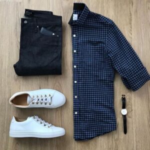 Blue checked shirt combo